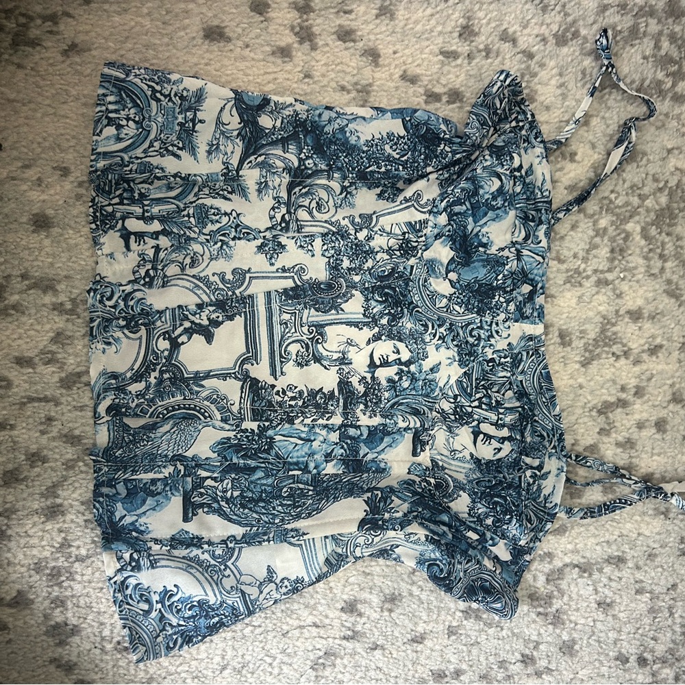 PrettyLittleThing Blue and White Baroque Print Top